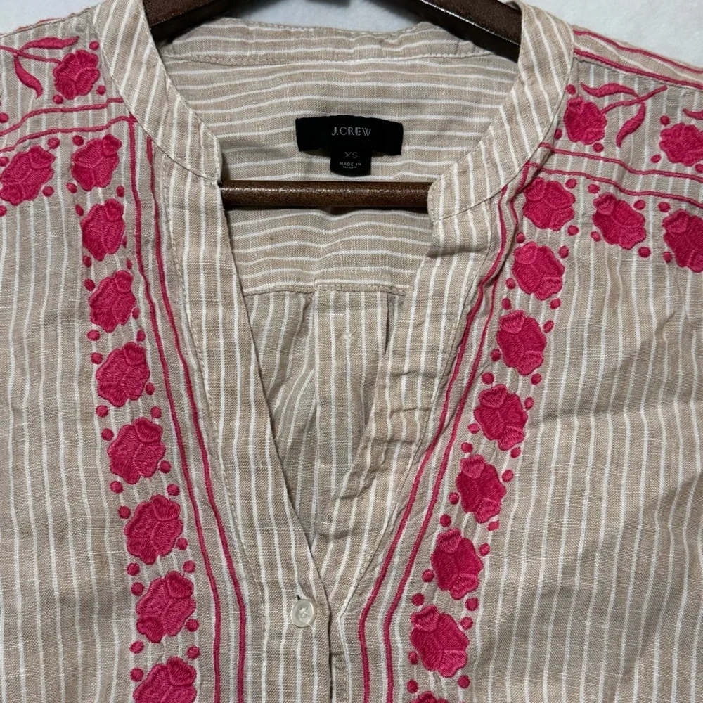 J.Crew Linen Striped Embroidered V-Neck Boho Tunic Top AM650 XS